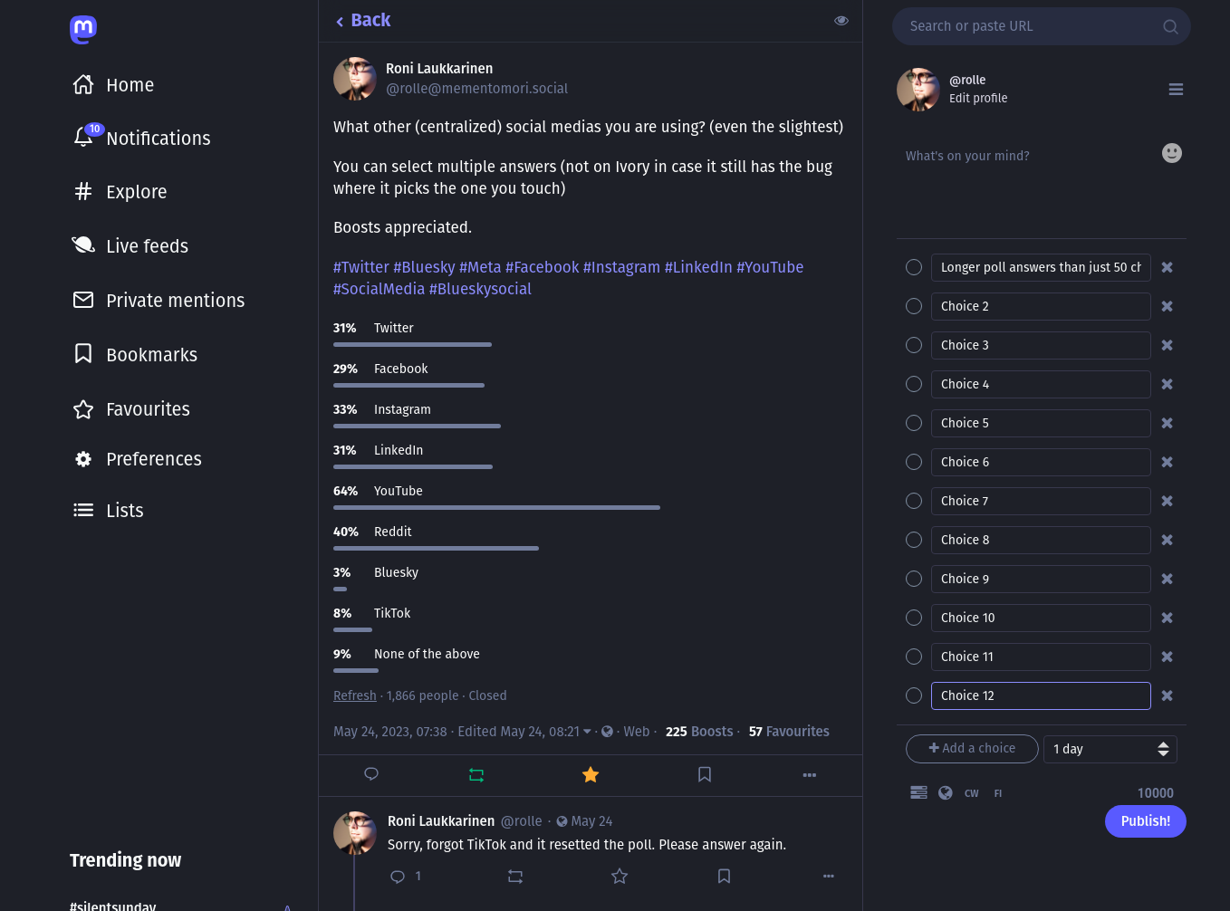 Posted poll presented with more than 4 choices, compose form example with 12 choices and long answer.